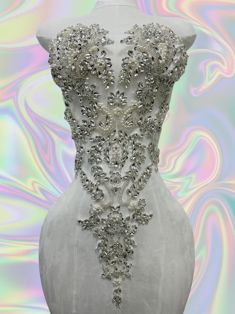 ArtistryXB Handmade Rhinestones Lace Bodice Applique Sew on Beads Sequins Trimming Patches for Dress Clothing Accessories 1Pcs/Bag (Silver) - Image 5